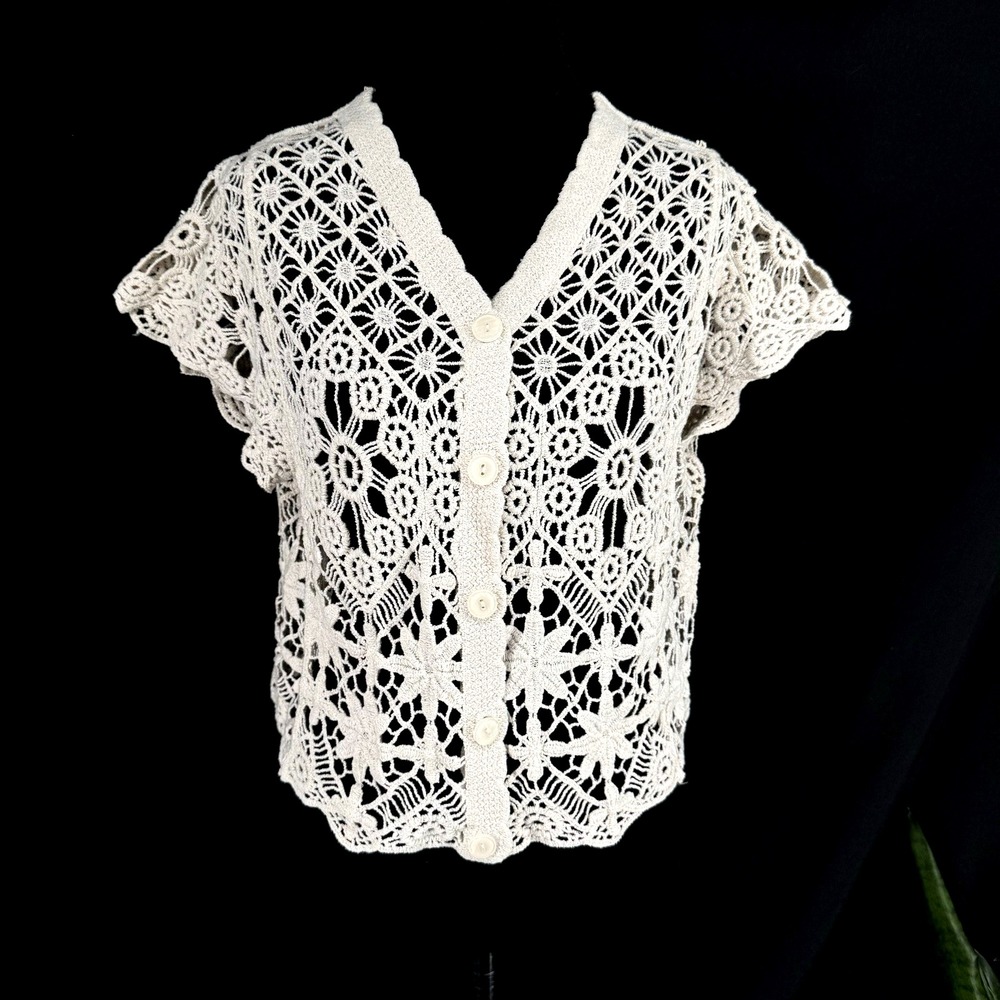 Ivory Crochet Sheer Lace Top L Boho Chic Cottagecore Indie Short Sleeve Cardigan - Picture 1 of 6